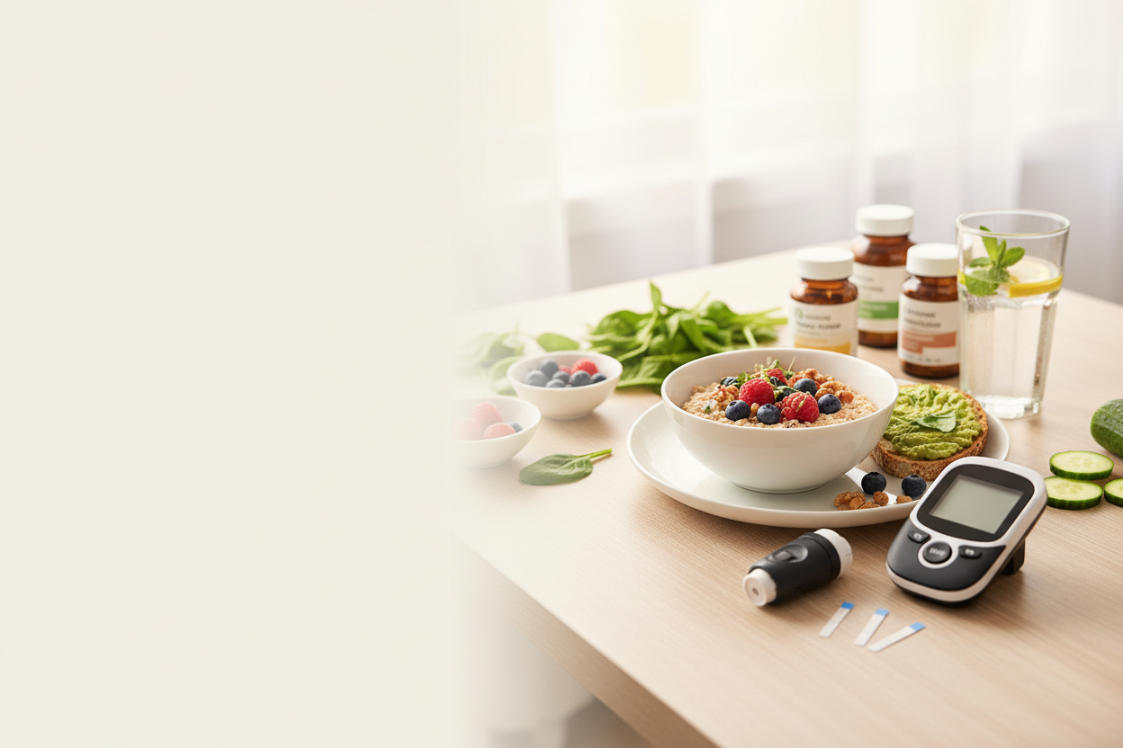 Generate a lifestyle banner related to the diabetes care theme. Leave some space at the left for me to insert headline
