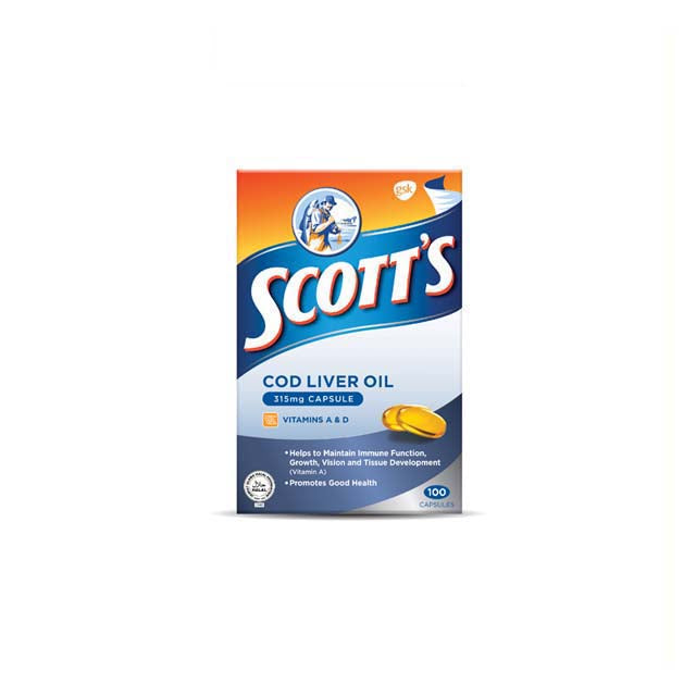 Scott's cod liver oil capsules in a 100-count box for immune support and overall health