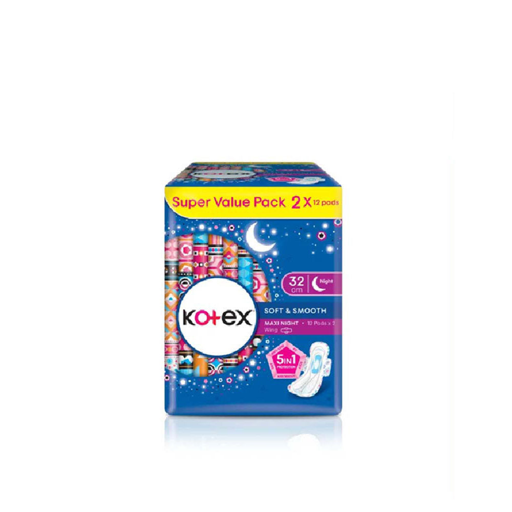 KOTEX SOFT & SMOOTH MAXI NIGHT 5 IN 1 PROTECTION 32CM WING 12S