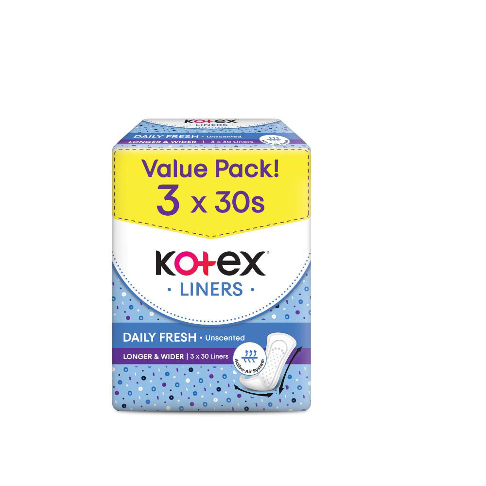 KOTEX FRESH PANTYLINER LONGER & WIDER UNSCENTED 17.5CM 30SX3