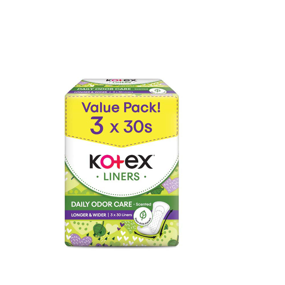 KOTEX PANTYLINER DAILY ODOR CARE LONGER & WIDER SCENTED DAUN SIRIH 17.5CM 30SX3