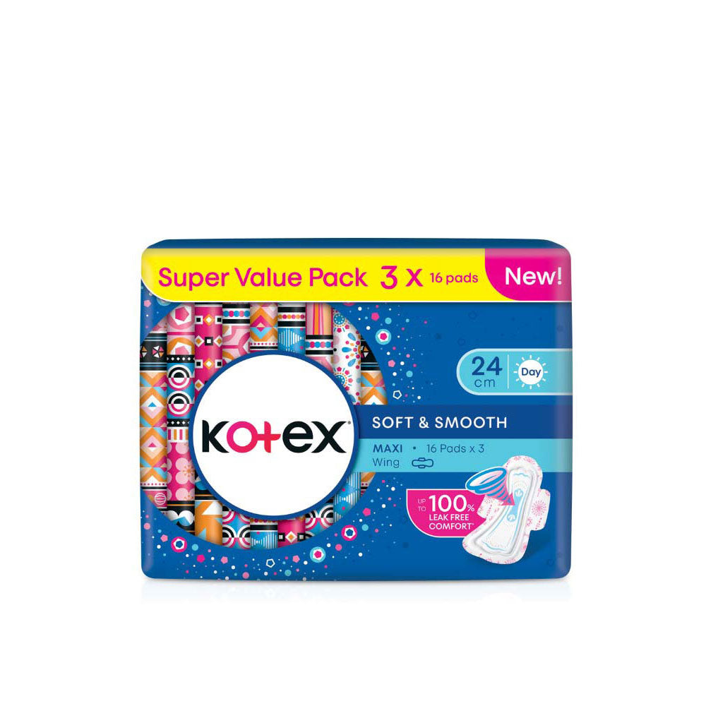 KOTEX SOFT & SMOOTH MAXI DAY 5 IN 1 PROTECTION 24CM WING 16SX3
