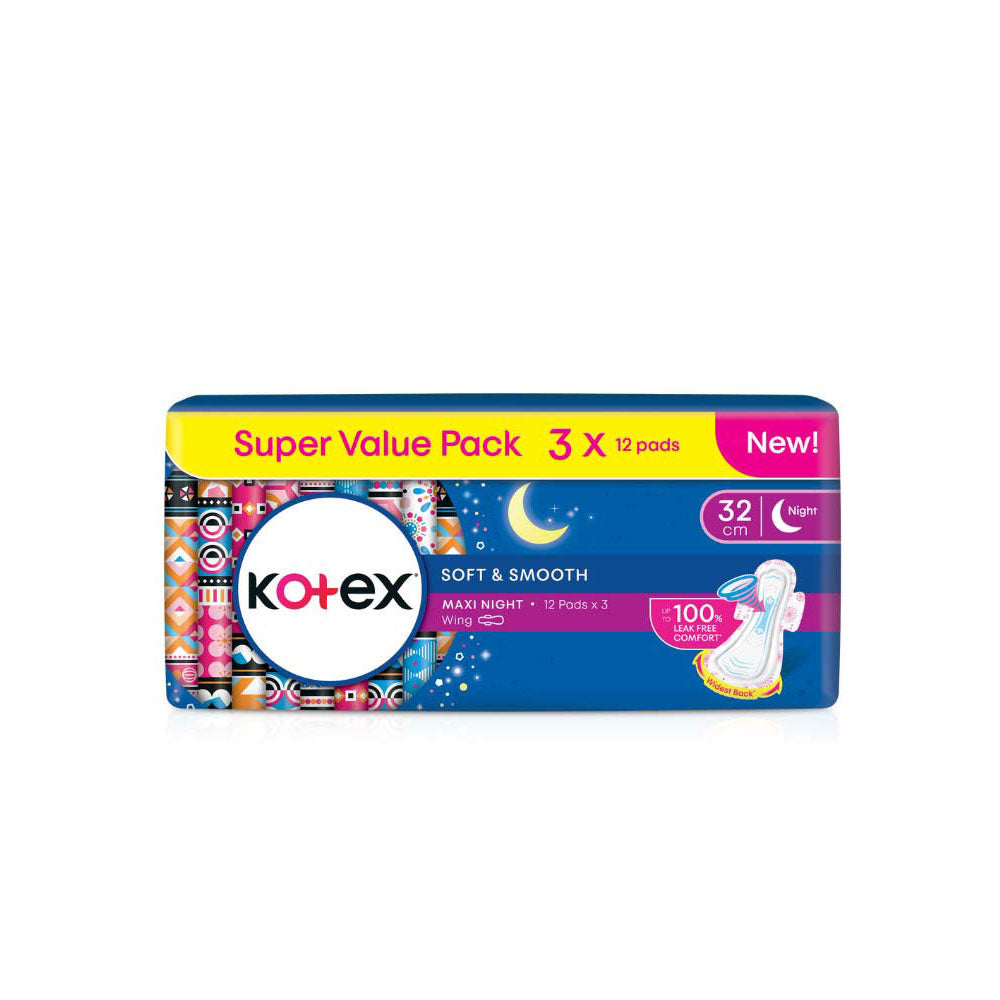 KOTEX SOFT & SMOOTH MAXI NIGHT 5 IN 1 PROTECTION 32CM WING 12SX3