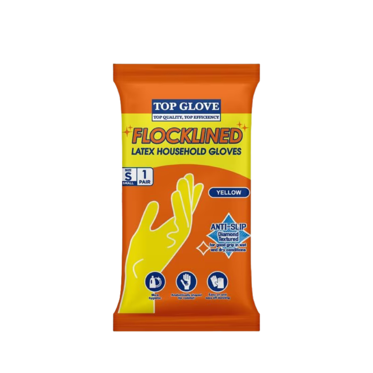 TOP GLOVE FLOCKLINED LATEX HOUSEHOLD GLOVES YELLOW S 1P