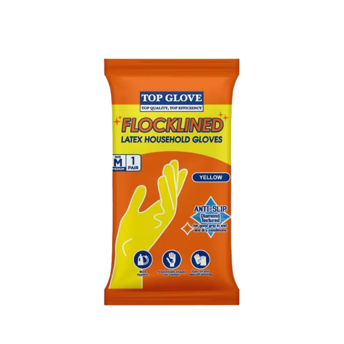 TOP GLOVE FLOCKLINED LATEX HOUSEHOLD GLOVES YELLOW M 1P