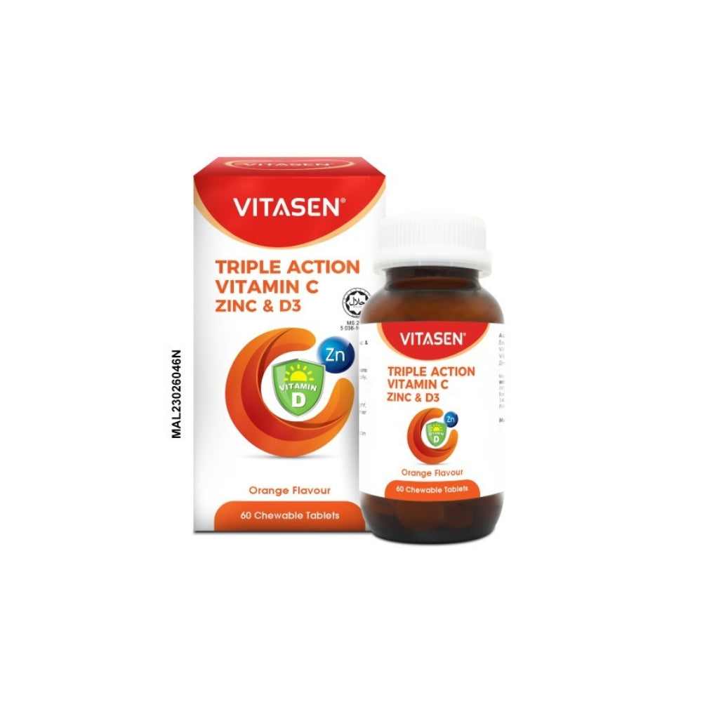 VITASEN TRIPLE ACTION VITAMIN C ZINC & D3 CHEWABLE TABLET ORANGE 60S