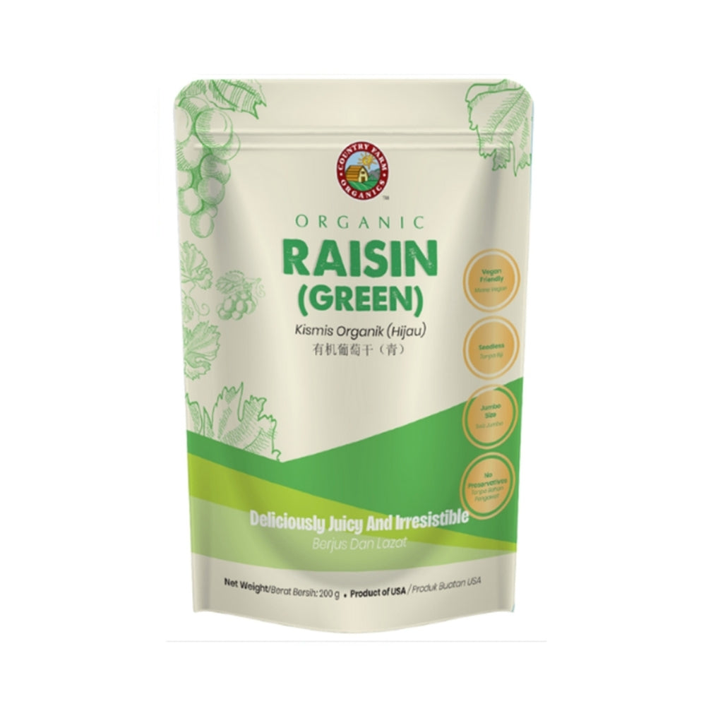COUNTRY FARM ORGANIC RAISINS - GREEN SEEDLESS JUMBO SIZE 200GM POUCH