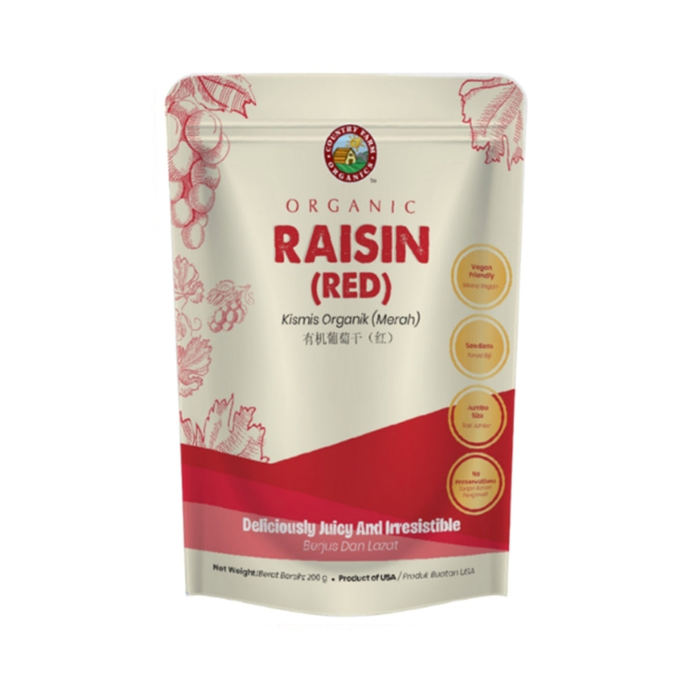 COUNTRY FARM ORGANIC RAISINS - RED SEEDLESS JUMBO SIZE 200GM POUCH