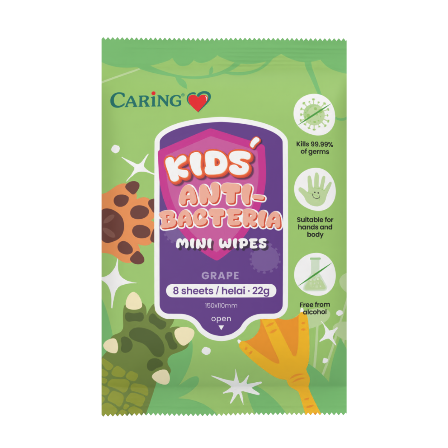 CARING KIDS ANTIBACTERIAL MINI WIPES GRAPE SCENTED 8SX4