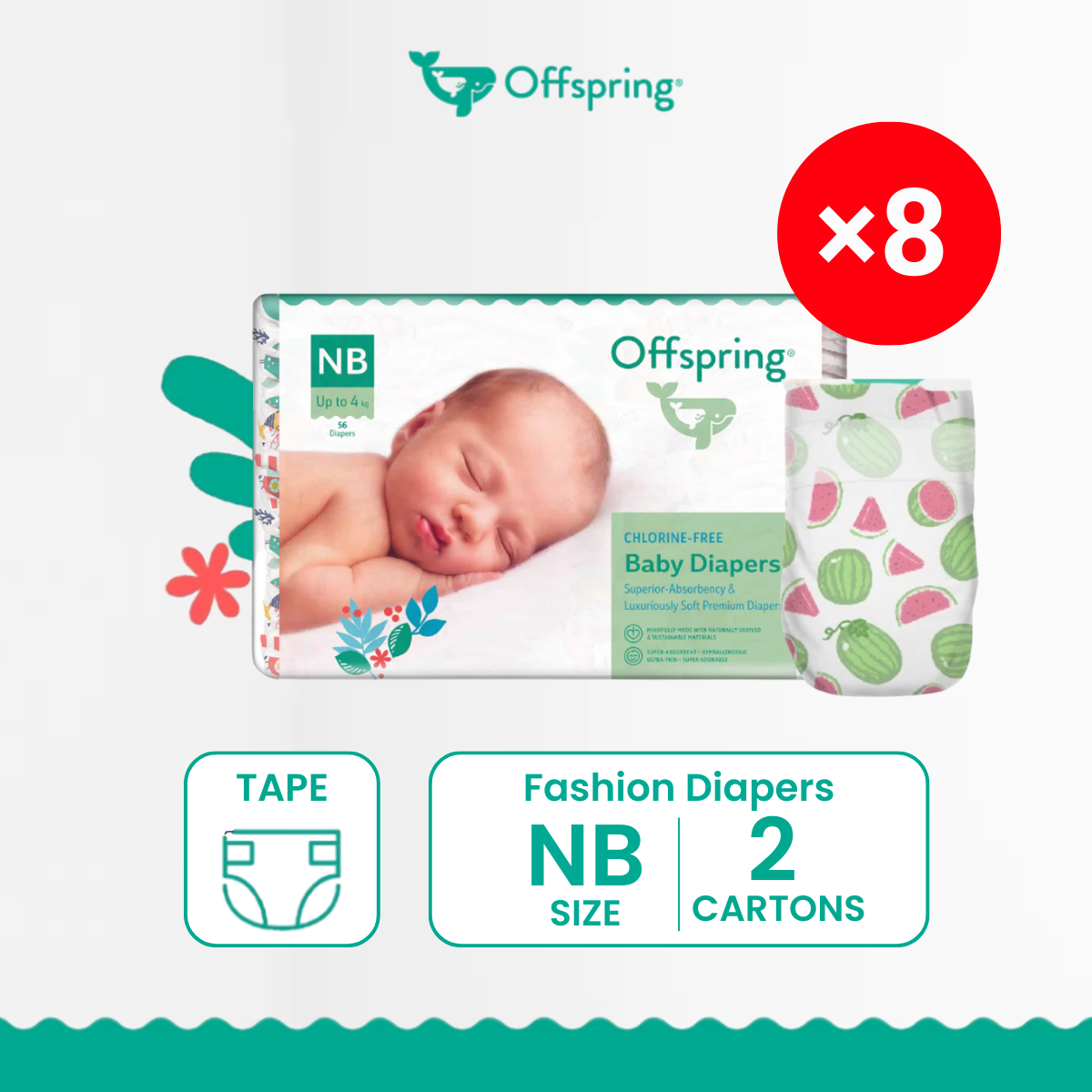 OFFSPRING FASHION TAPE DIAPERS NB 56S X 8