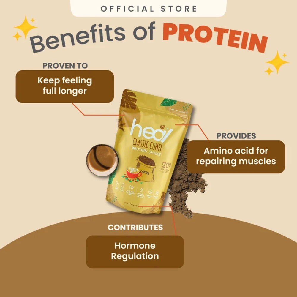 HEAL Classic Coffee Protein Shake 540g whey protein powder made with Brazilian coffee