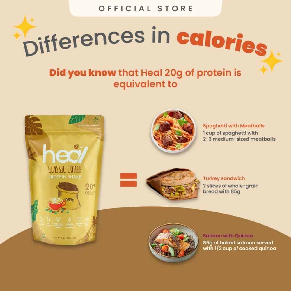 HEAL Classic Coffee Protein Shake 540g whey protein powder made with Brazilian coffee