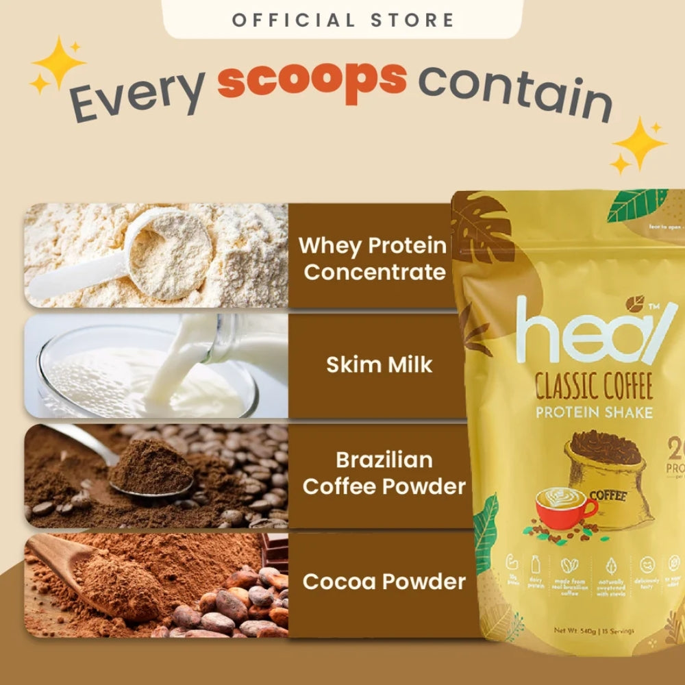 HEAL Classic Coffee Protein Shake 540g whey protein powder made with Brazilian coffee