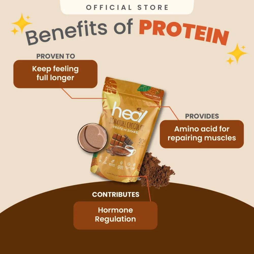 HEAL Signature Chocolate Protein Shake 585g whey protein powder with 20g protein per serving