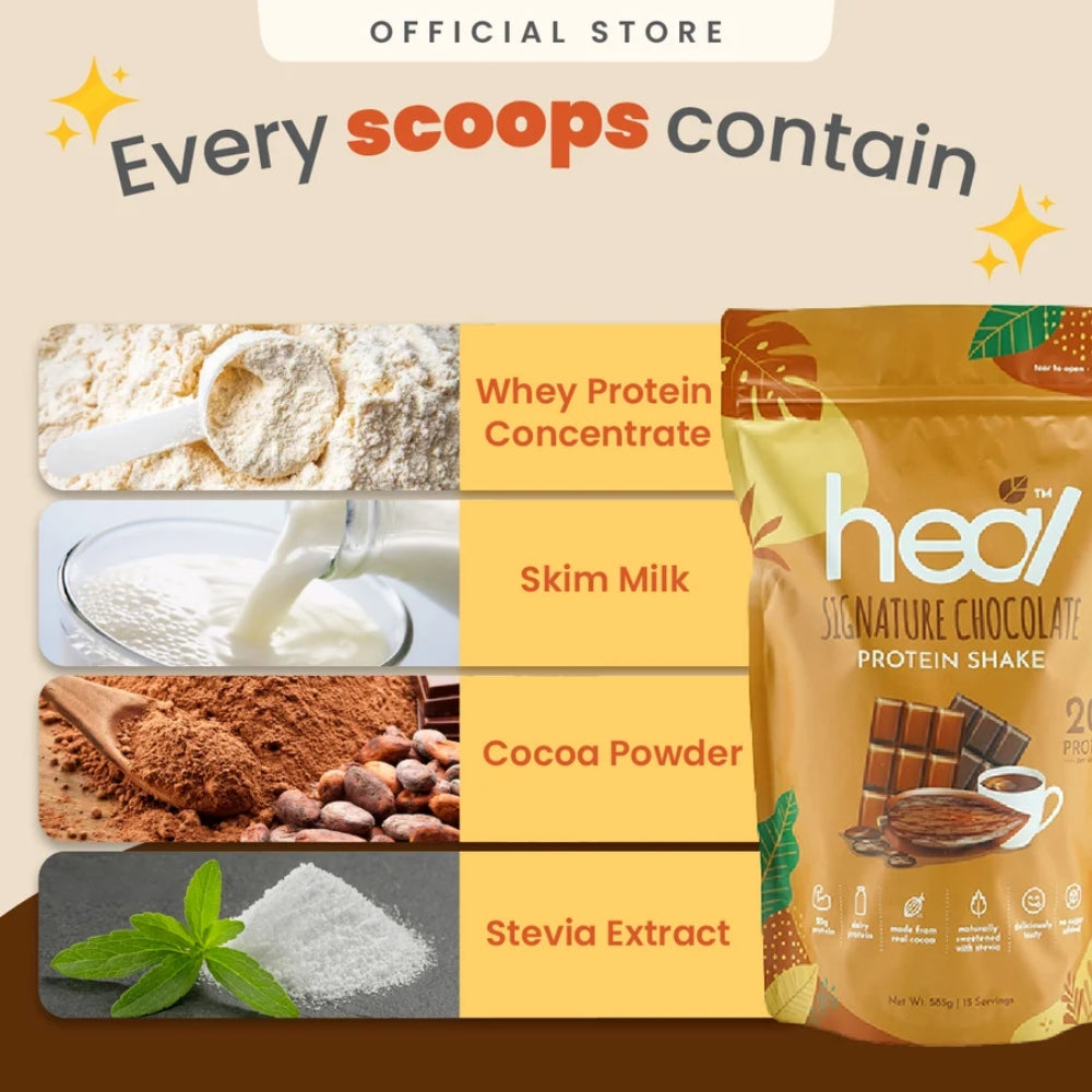 HEAL Signature Chocolate Protein Shake 585g whey protein powder with 20g protein per serving