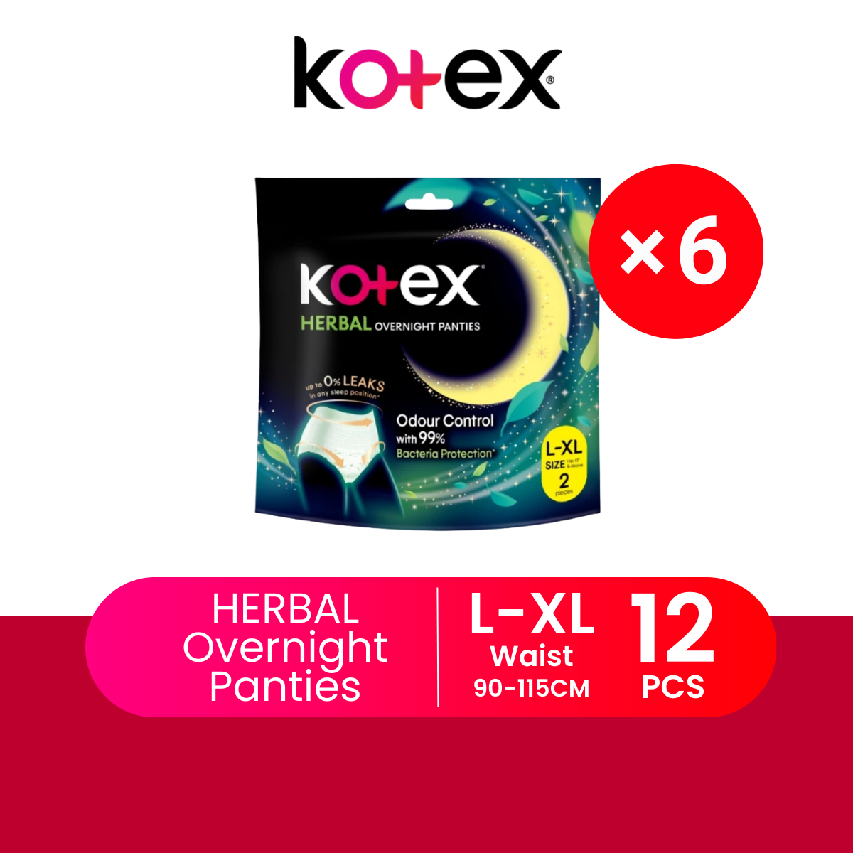 KOTEX OVERNIGHT PANTIES HERBAL L/XL 2S × 6