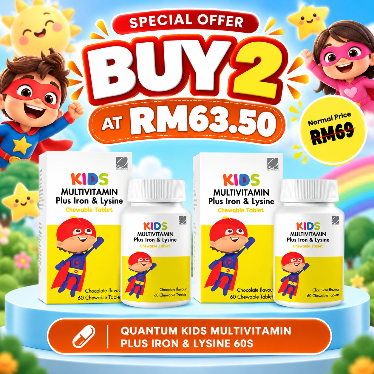 QUANTUM KIDS MULTIVITAMIN PLUS IRON & LYSINE 60S x2