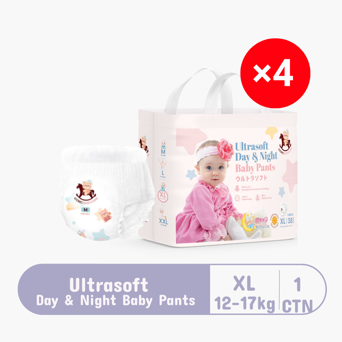 ICONIC BABYCARE ULTRASOFT DAY & NIGHT BABY PANTS XL 38S × 4