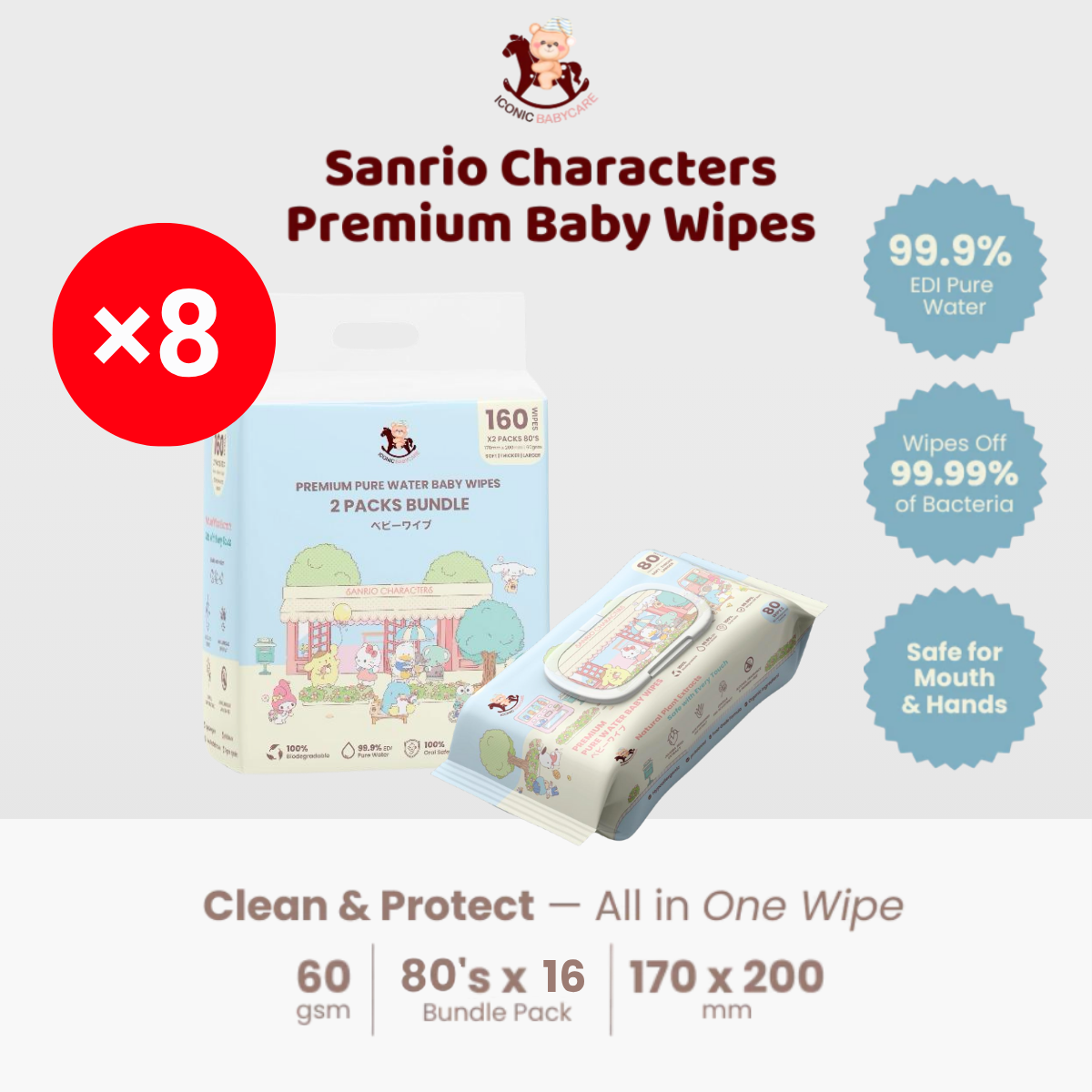 ICONIC X SANRIO BABY WIPES SANRIO CHARACTER 80S X 8