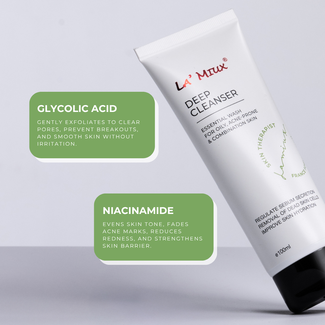 LAMIUX Deep Cleanser for acne-prone skin with glycolic acid and niacinamide for clear, smooth skin