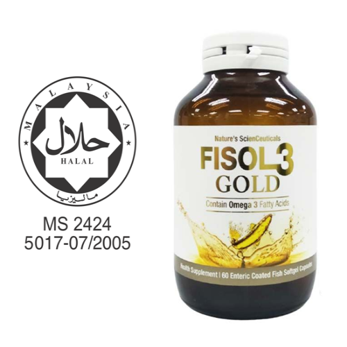 Bottle of FISOL3 Gold supplement with a halal certification logo on a white background