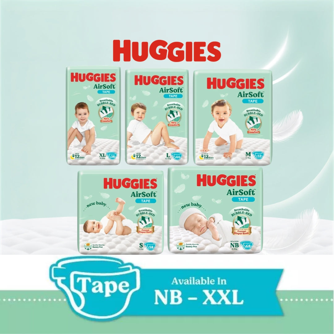 Five packages of Huggies AirSoft diapers arranged in a 2x3 grid on a pale mint background with a white feather graphic. Large red 'HUGGIES' text appears above, and a blue banner at the bottom reads 'Tape Available In NB - XXL'.