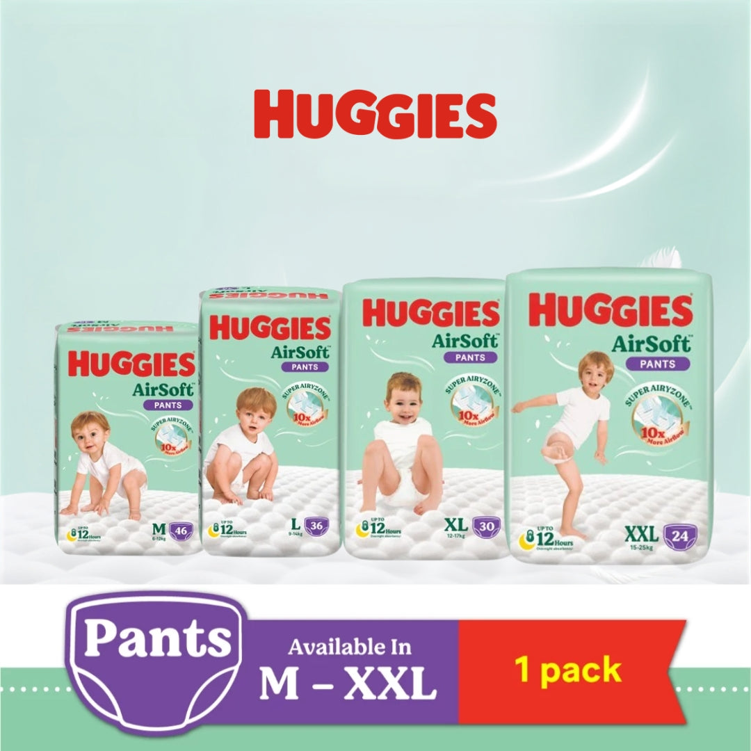 Four packs of Huggies AirSoft Pants diapers in sizes M, L, XL, and XXL are displayed against a light mint green background with the Huggies brand name at the top. A purple and red banner at the bottom reads 'Pants Available in M - XXL' and '1 pack'.