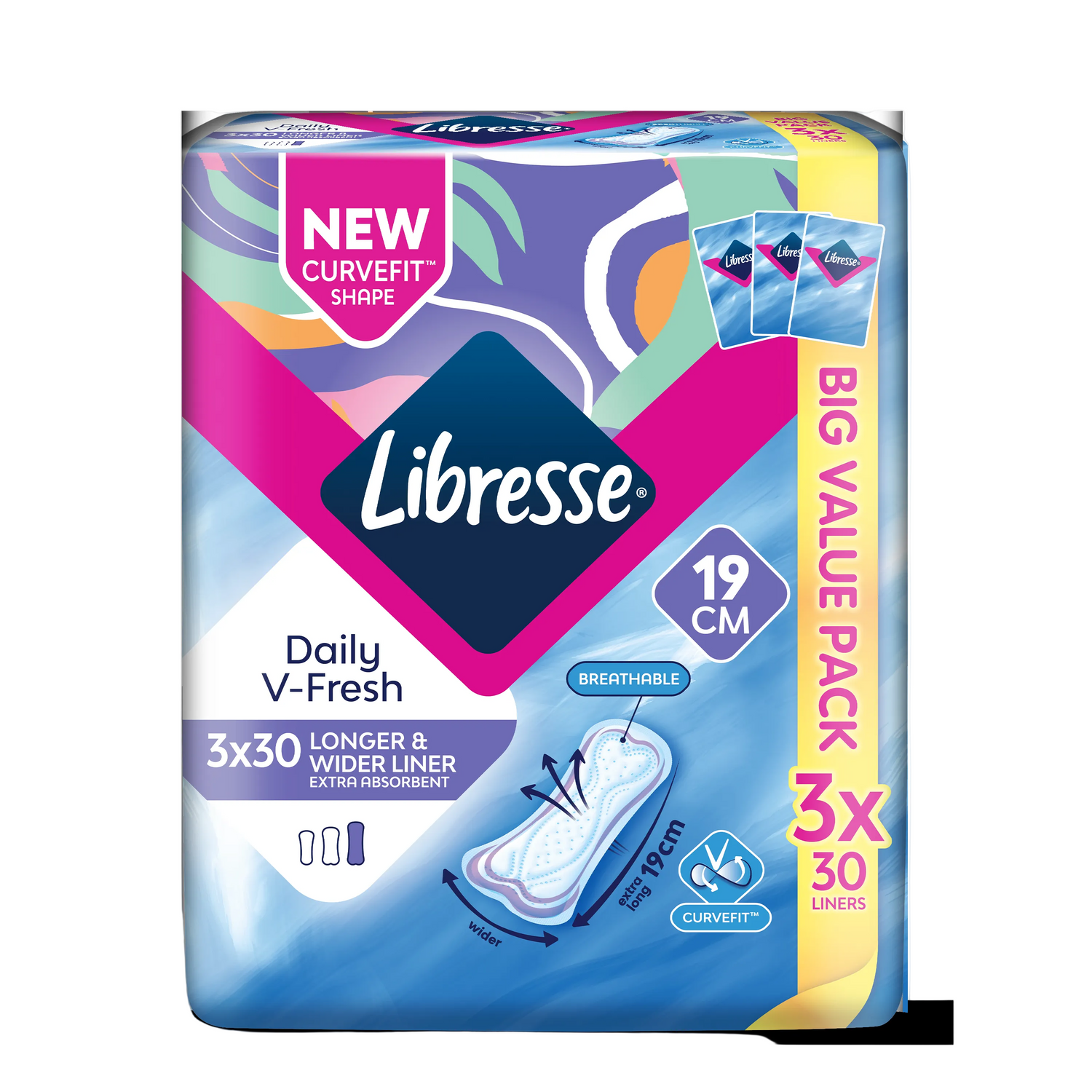 LIBRESSE DAILY V-FRESH LONGER & WIDER LINER 19CM 30SX3