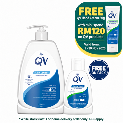 QV SKIN LOTION 1L FOC QV GENTLE WASH 40G – free QV Hand Cream 50g with minimum RM120 spend on QV products, 1–30 November 2026