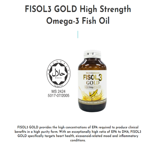 FISOL3 GOLD High Strength Omega-3 Fish Oil bottle with label on a white background