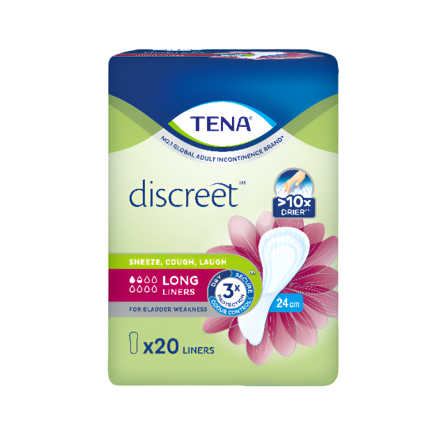 TENA discreet long liners pack of 20 for bladder weakness, with a soft and absorbent design