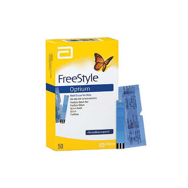 Freestyle Optium Neo blood glucose test strips in a yellow box with 50 test strips included