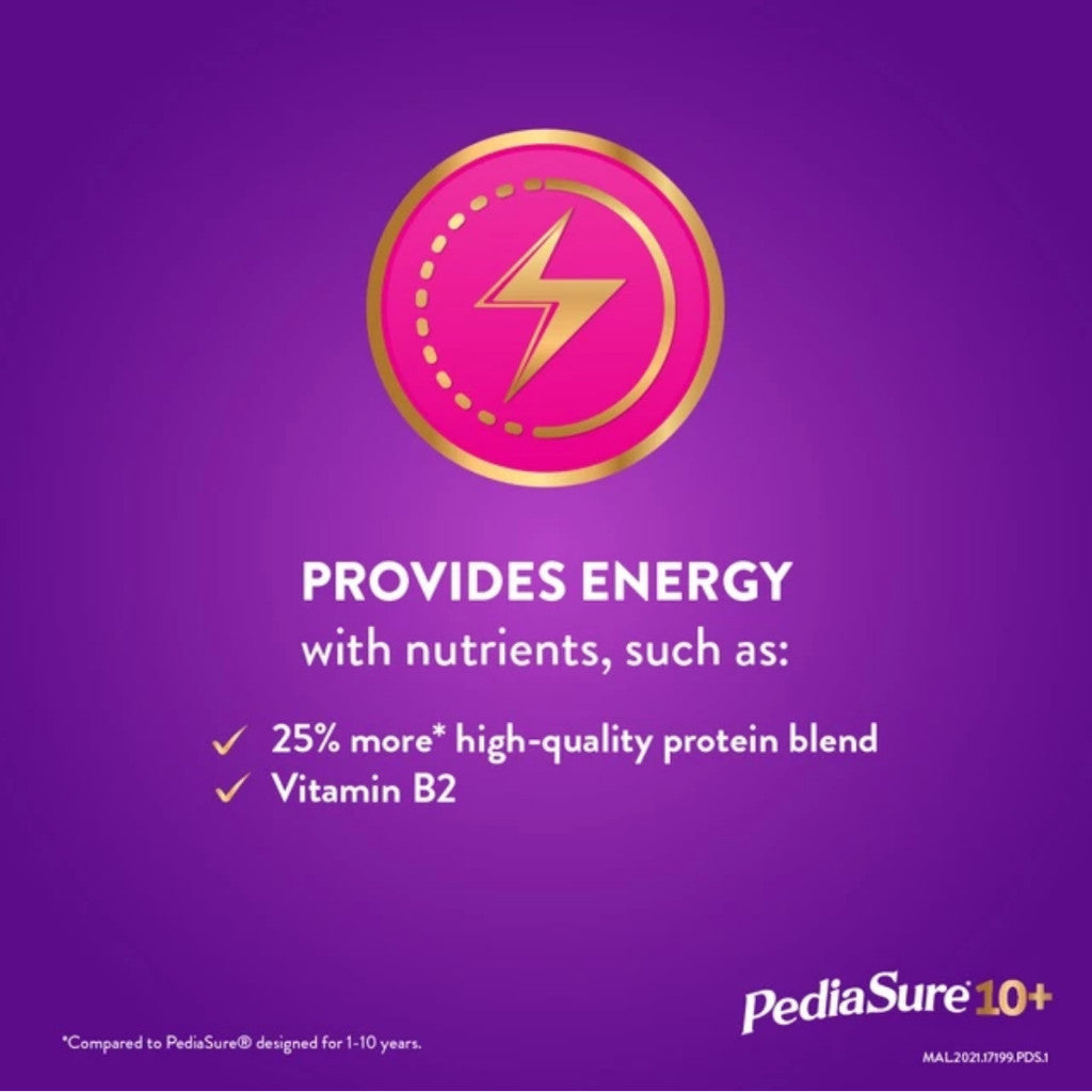 PediaSure 10+ Vanilla 850g packaging highlighting energy and nutrient benefits