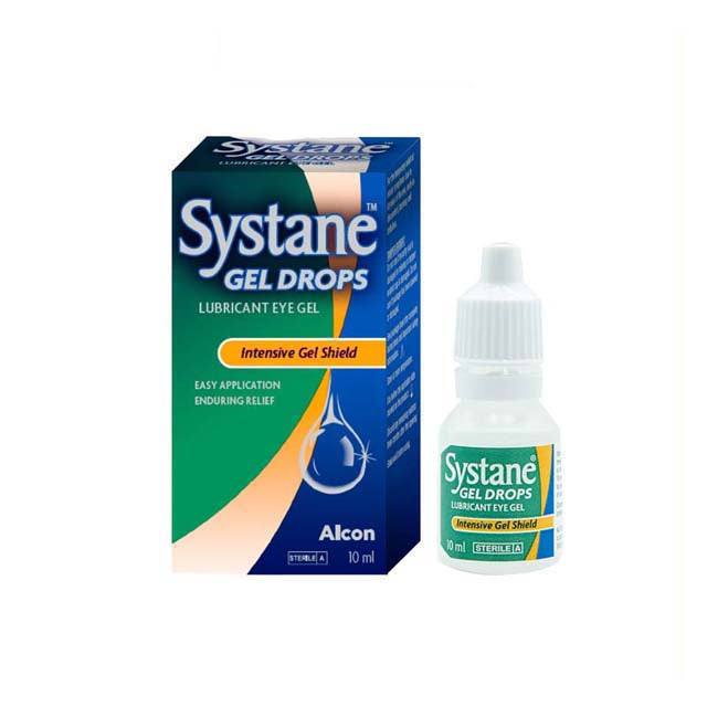 Systane Gel Drops 10ml bottle with blue packaging designed for lasting eye lubrication and relief