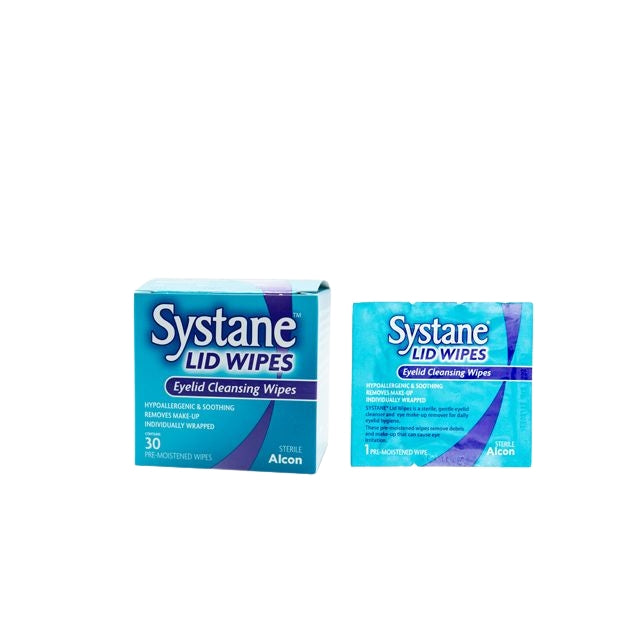 Systane lid wipes for eyes in a box of 30 individually wrapped eyelid cleansing wipes