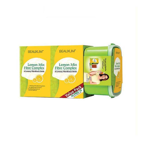 Beauxlim lemon fiber detox drink packaging featuring lemon flavor and fiber complex for detox support