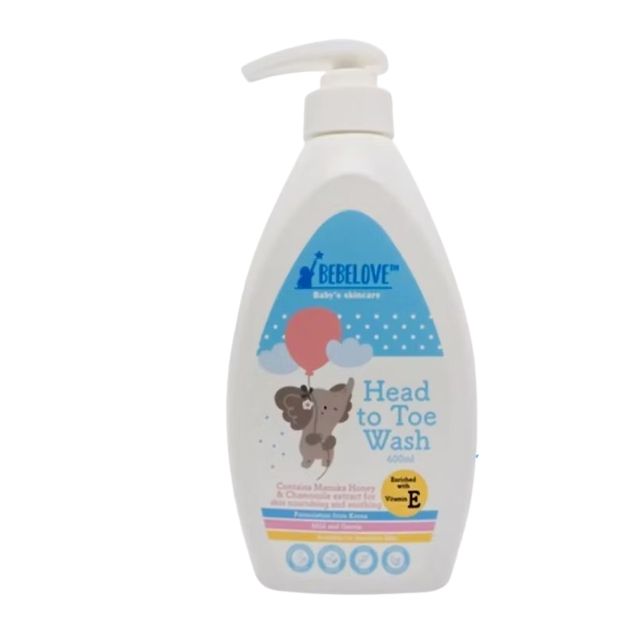 BEBELOVE Baby Head to Toe Wash in a pump bottle with cute bear design for gentle baby cleansing