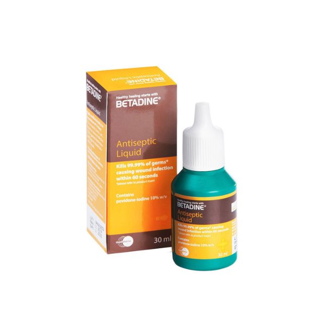 Betadine antiseptic liquid 30ml in a dropper bottle with a protective box for quick infection relief