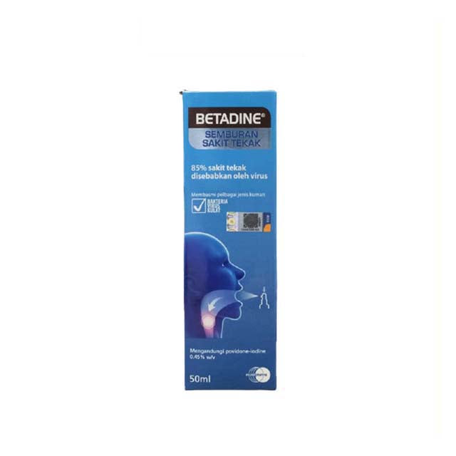 Betadine sore throat spray in a 50ml package designed to relieve throat discomfort and target throat viruses