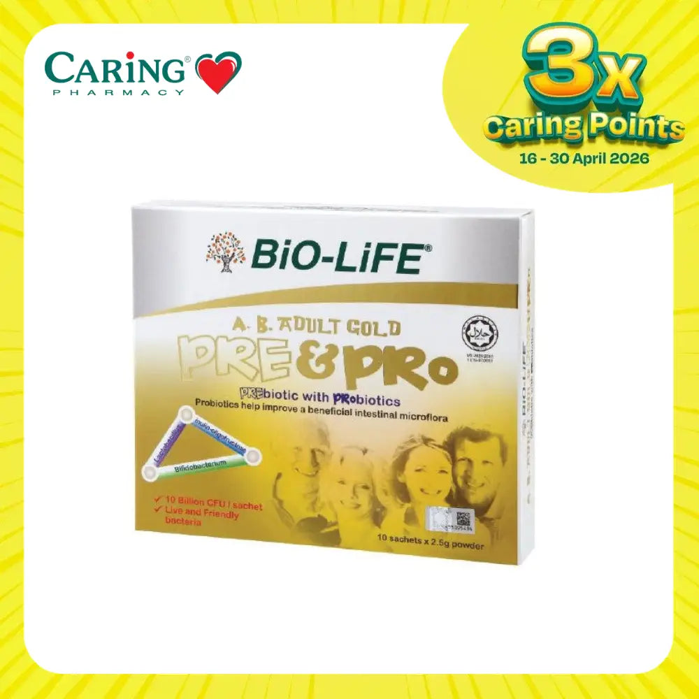 Bio-Life A.B. Adult Gold probiotic powder in a box with 10 sachets for gut health support