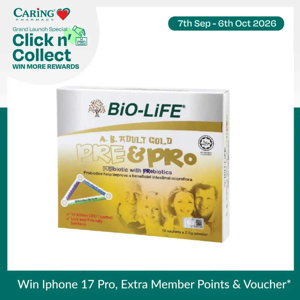 Bio-Life A.B. Adult Gold probiotic powder in a box with 10 sachets for gut health support