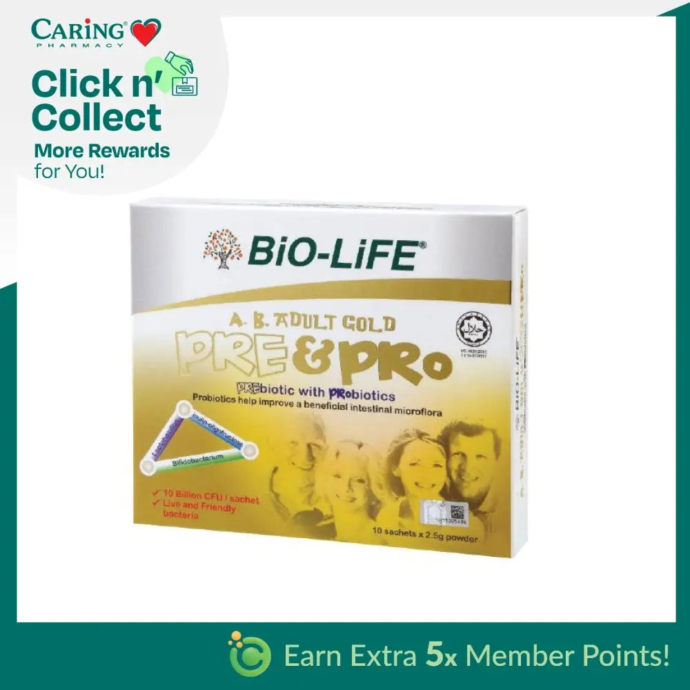 Bio-Life A.B. Adult Gold probiotic powder in a box with 10 sachets for gut health support