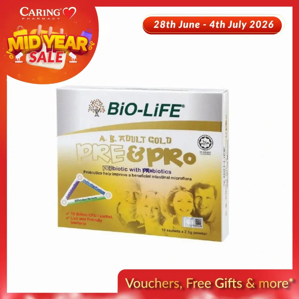 Bio-Life A.B. Adult Gold probiotic powder in a box with 10 sachets for gut health support