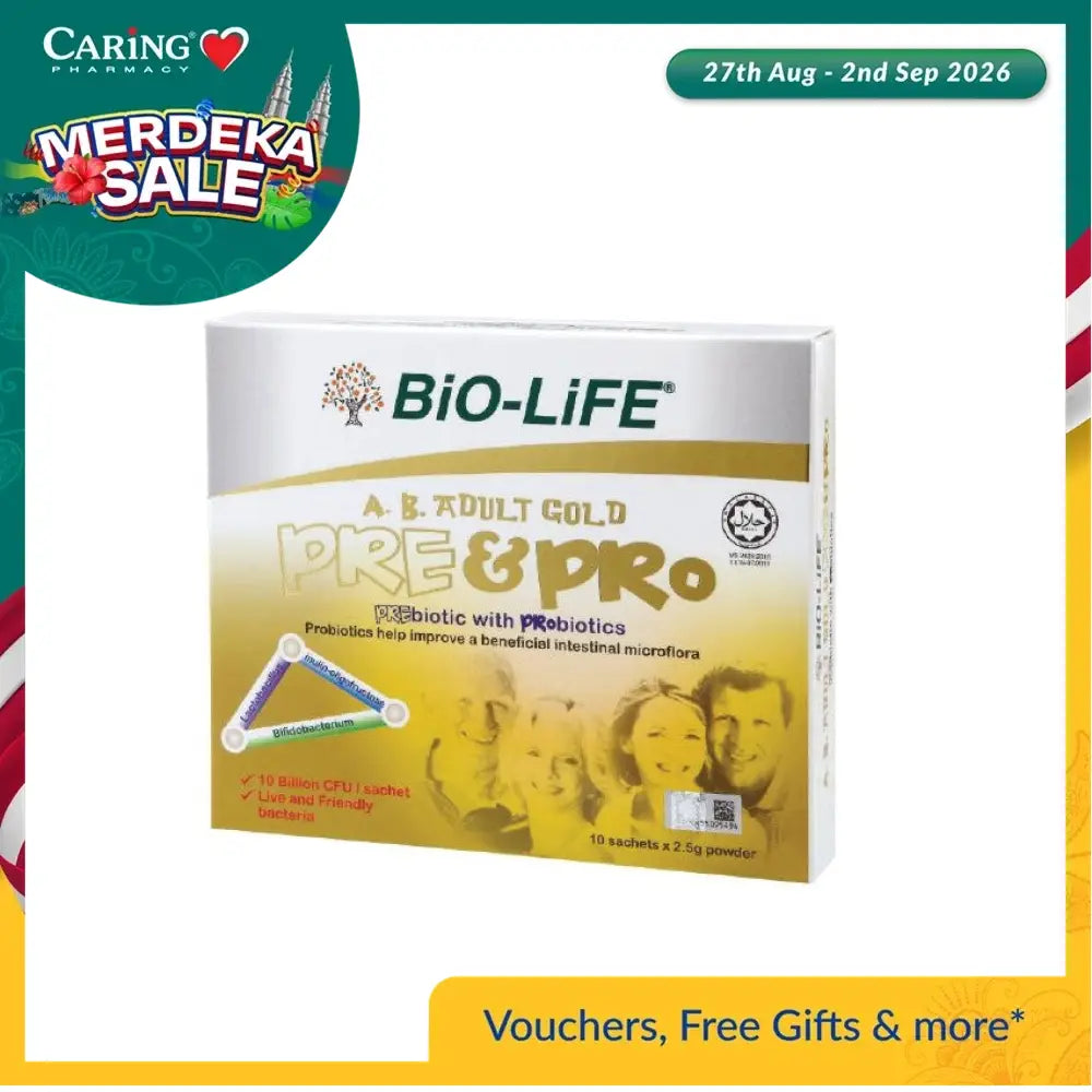 Bio-Life A.B. Adult Gold probiotic powder in a box with 10 sachets for gut health support
