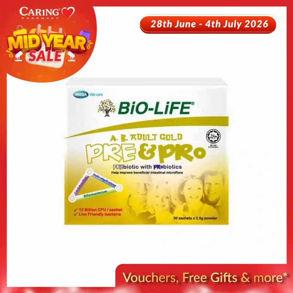 Bio-Life pre and probiotic powder for adults in a box with 30 sachets for digestive health