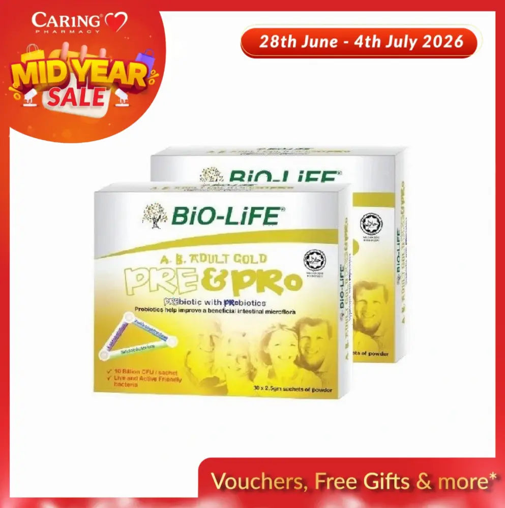Bio-Life A.B. Adult Gold Pre & Pro powder in convenient sachets for gut health support