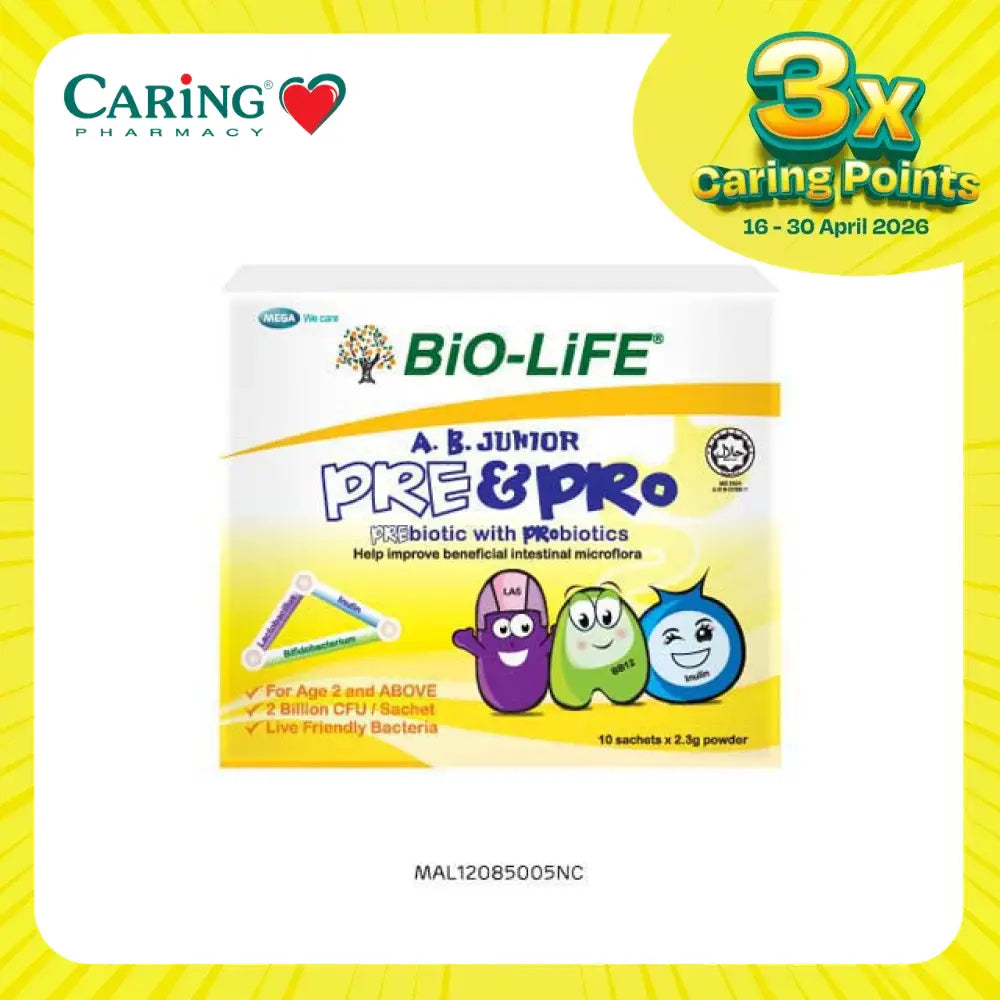 Bio-Life A.B. Junior Pre & Pro powder in a box with 10 sachets, designed for children's intestinal health.