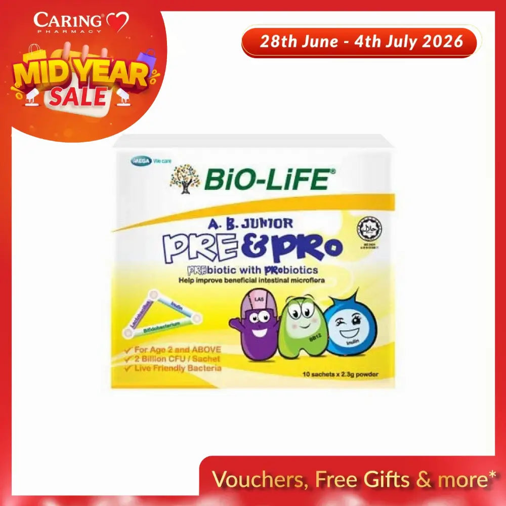 Bio-Life A.B. Junior Pre & Pro powder in a box with 10 sachets, designed for children's intestinal health.