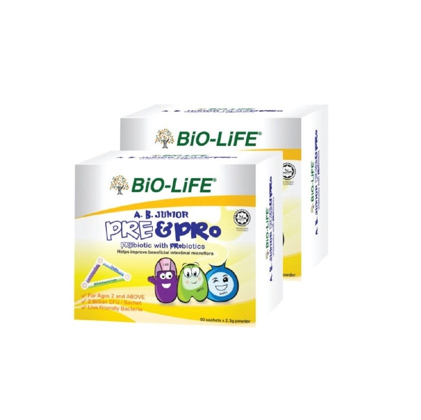 Bio-Life A.B. Junior Pre&Pro probiotics in two boxes for children's digestive health and immune support