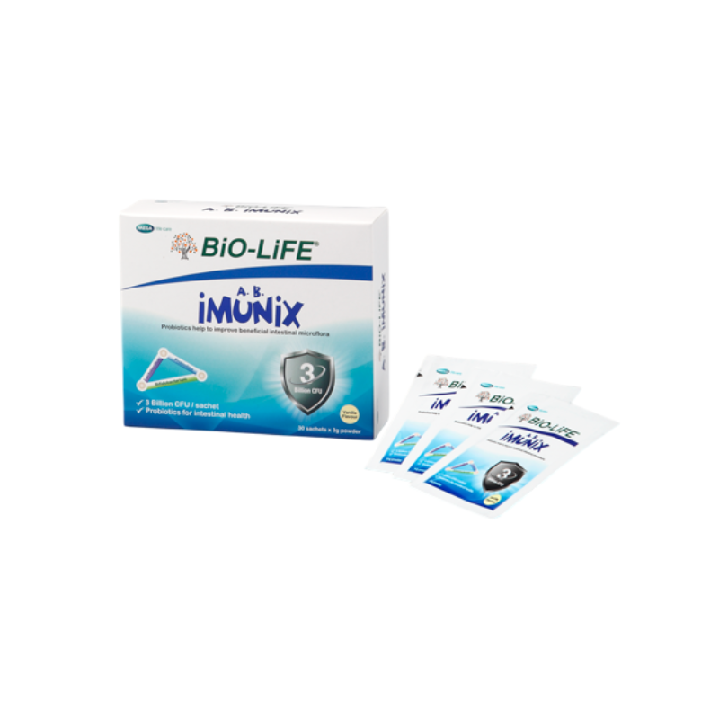 Bio-Life AB Imunix supplements box with three individual packets promoting intestinal health
